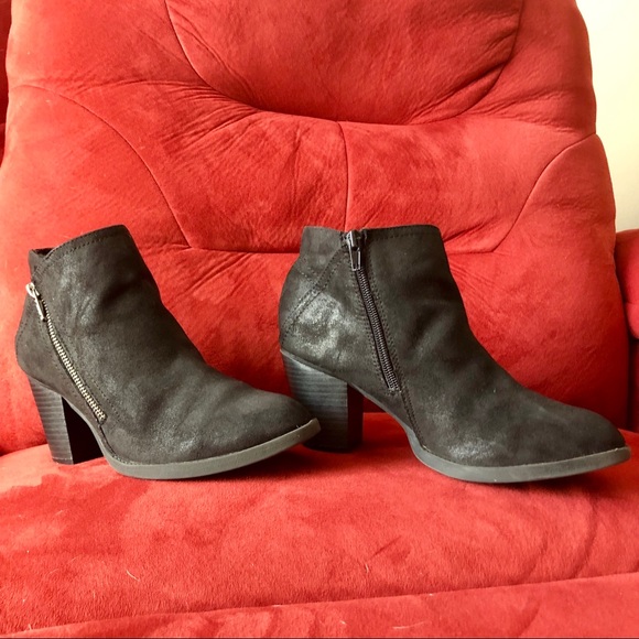 Black, suede look, low rise 3” heel boots w/zipper - Picture 1 of 8